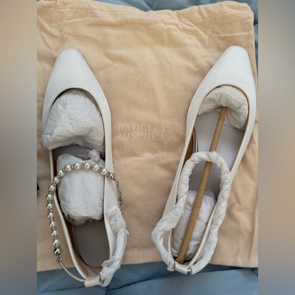 Badgley Mischka Pearl-Embellished Cream Heels - Picture 1 of 4